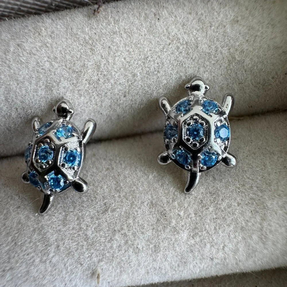 Sterling Silver 925 Turtle Earrings with Blue Crystals – Ocean Inspired Studs - Picture 3 of 6
